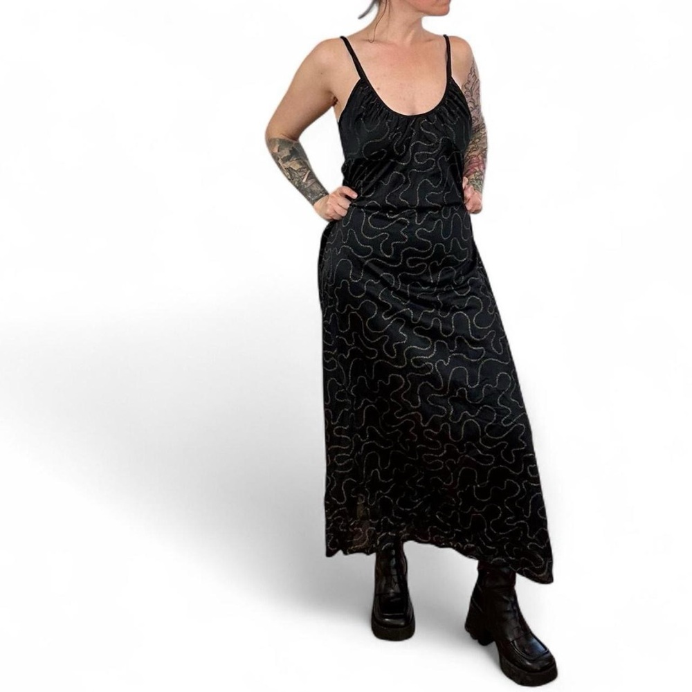 Barbizon Vintage Black Scoop Back Maxi Slip Dress with Metallic Gold - Medium